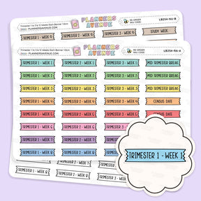 Two planner sticker sheets from Planner Avenue labeled Trimester 1 to 3 with 12 Weeks shaped Banner Flag Stickers 