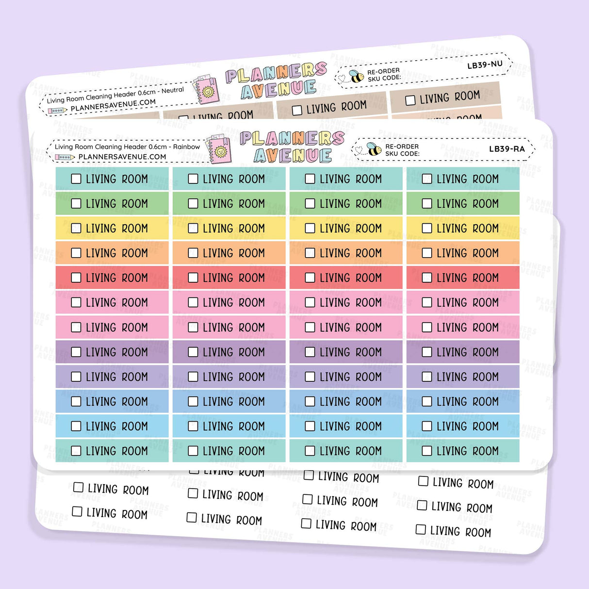 Living Room Cleaning Task Planner Stickers by Planner Avenue' with colorful 'Living Room' checkbox stickers arranged in rows on a light lavender background.