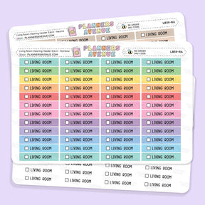 Living Room Cleaning Task Planner Stickers by Planner Avenue' with colorful 'Living Room' checkbox stickers arranged in rows on a light lavender background.