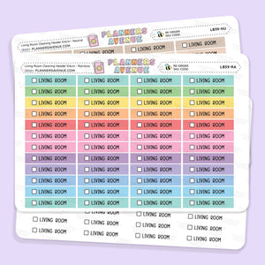 Living Room Cleaning Task Planner Stickers by Planner Avenue' with colorful 'Living Room' checkbox stickers arranged in rows on a light lavender background.