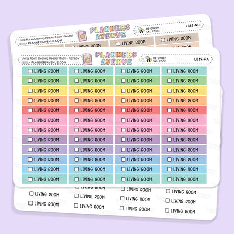 Living Room Cleaning Task Planner Stickers by Planner Avenue' with colorful 'Living Room' checkbox stickers arranged in rows on a light lavender background.