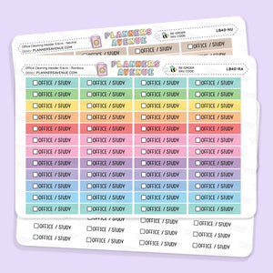 Office Cleaning Task Planner Stickers with rows of colourful checkbox stickers and labelled tabs, shown on a light lavender background.