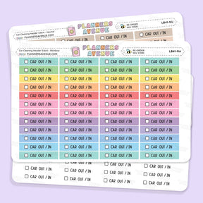 Car Cleaning Task Planner Stickers with checkboxes as a header 'planner stickers. The sheets display a gradient of pastel colours, including green, yellow, orange, red, pink, purple, and blue.