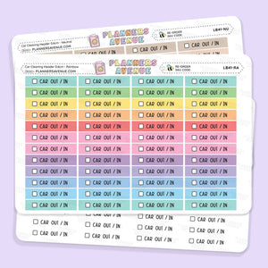 Car Cleaning Task Planner Stickers with checkboxes as a header 'planner stickers. The sheets display a gradient of pastel colours, including green, yellow, orange, red, pink, purple, and blue.