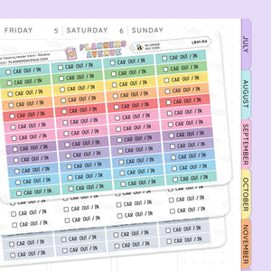 Car Cleaning Task Planner Stickers with checkboxes in a rainbow colour palette with a purple monthly tab strip on the right.