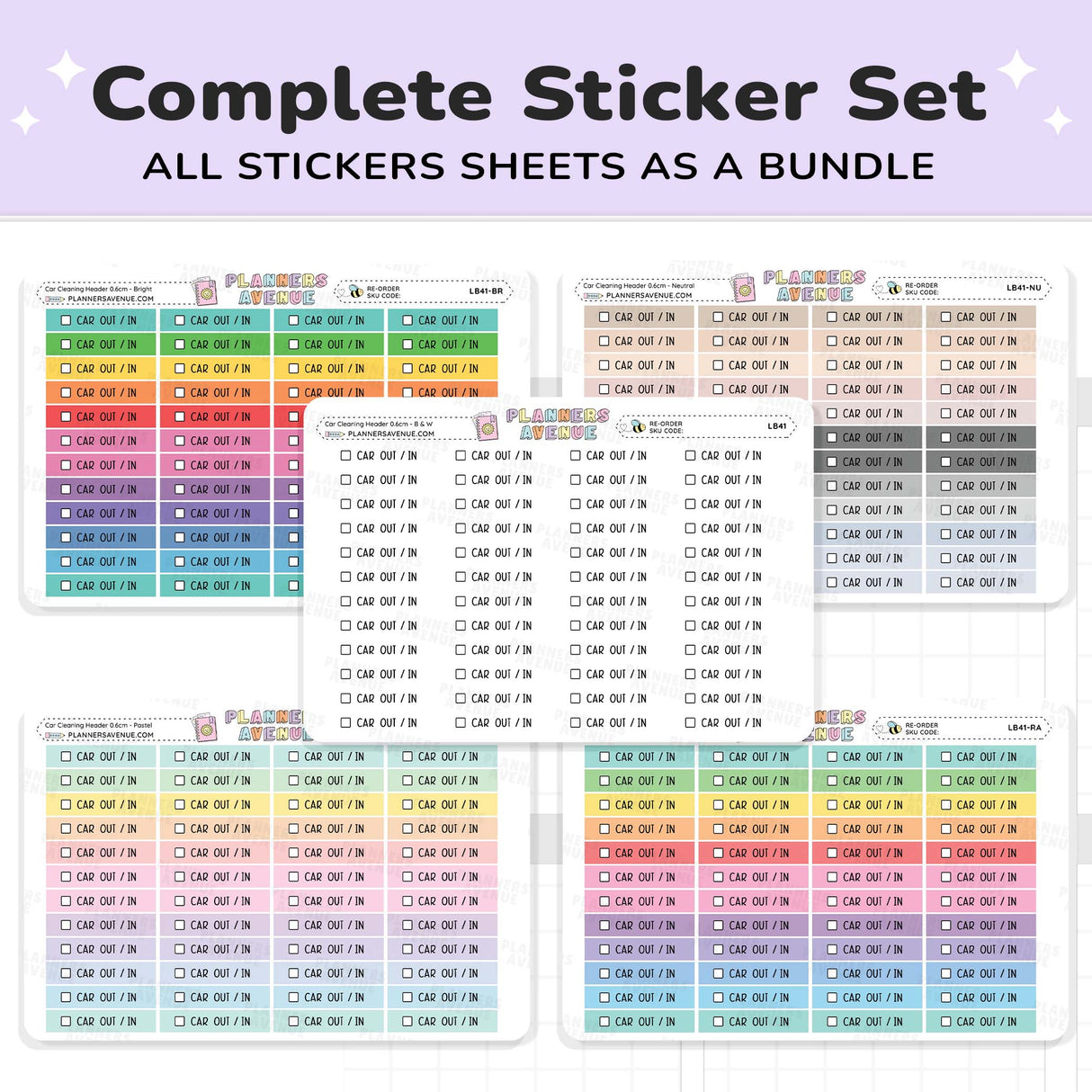 Car Cleaning Task Planner Sticker set showing multiple sheets of stickers arranged in a grid under the text 'Complete Sticker Set' and 'ALL STICKER SHEETS AS A BUNDLE.' The stickers feature various pastel and neutral color options, each with a 'CASE OUT OF STOCK' checkbox and small decorative illustrations.