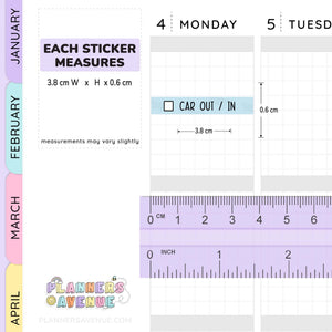 Car Cleaning Task Planner Sticker size showing weekly calendar pages with measurement annotations, a purple ruler, and a vertical colour strip labelled January through April. Text reads 'Each sticker measures 3.