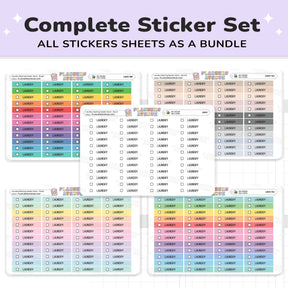 Laundry Cleaning Task Planner Sticker set showing four sheets of weekly planner stickers in various colour combinations, with the text 'Complete Sticker Set' at the top.