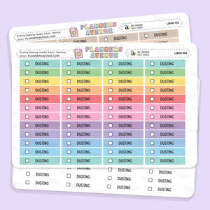 Dusting Cleaning Task Planner Stickers with checkboxes on a light lavender background.
