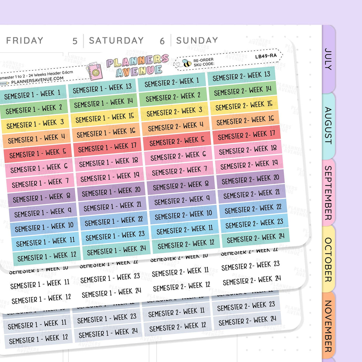 A close-up of a planner page with Semester 1 to 2 with 24 Weeks Header Stickers. The planner has a white base with pastel blue, pink, yellow, and green sections, and the brand name Planner Vistas is visible at the top.