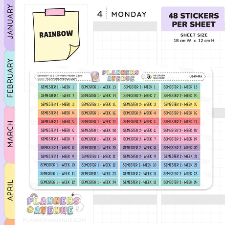 Semester 1 & 2 Week 1–24 Header Planner Stickers