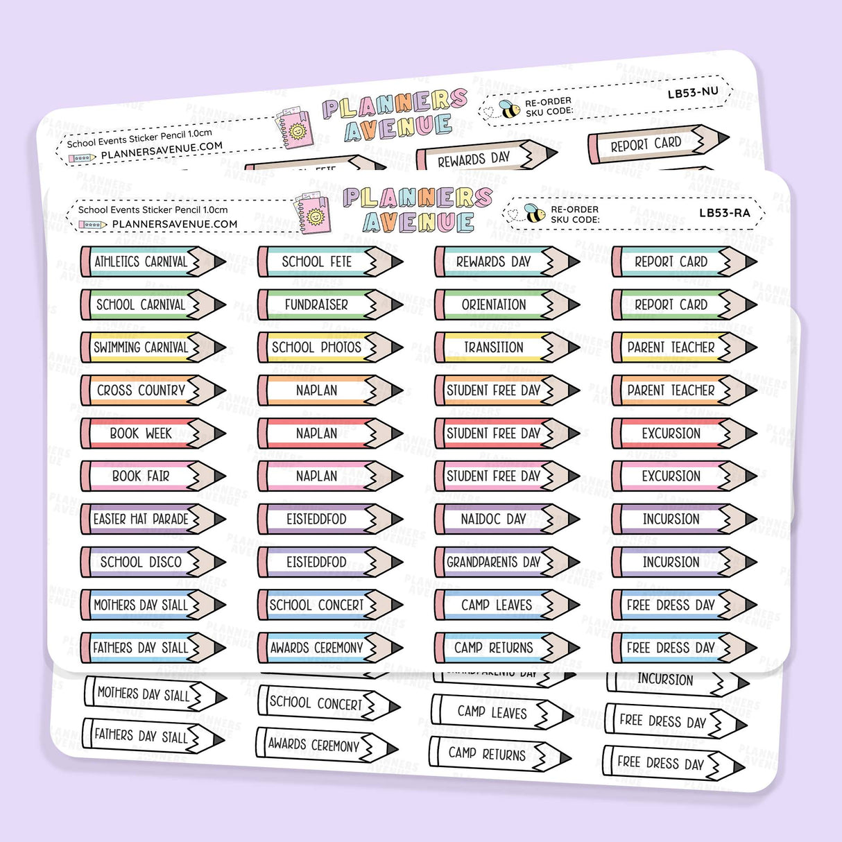 School Event Day Pencil Stickers pencil-shaped labels with school activity text, displayed on a light lavender background.