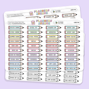 School Event Day Pencil Stickers pencil-shaped labels with school activity text, displayed on a light lavender background.