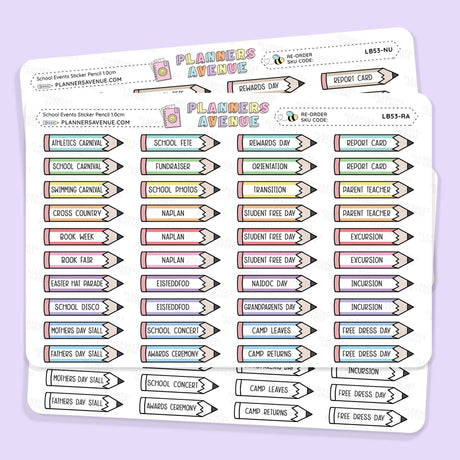 School Event Day Pencil Stickers pencil-shaped labels with school activity text, displayed on a light lavender background.