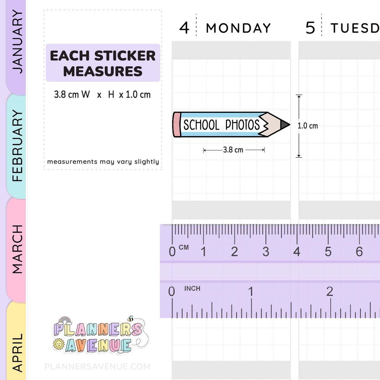 School Event Day Pencil Sticker measuring sheet from Planners Avenue showing dimensions for each sticker, with a pencil icon labeled 3.8 cm x 1.