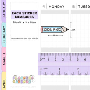 School Event Day Pencil Sticker measuring sheet from Planners Avenue showing dimensions for each sticker, with a pencil icon labeled 3.8 cm x 1.