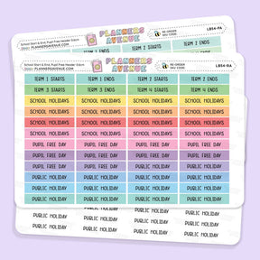 School Term Start & End Header Planner Stickers featuring term starts/ends, school holidays, and public holidays, displayed on a light lavender background.