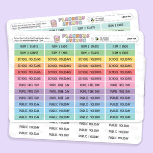 School Term Start & End Header Planner Stickers featuring term starts/ends, school holidays, and public holidays, displayed on a light lavender background.