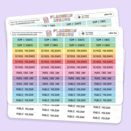 School Term Start & End Header Planner Stickers featuring term starts/ends, school holidays, and public holidays, displayed on a light lavender background.