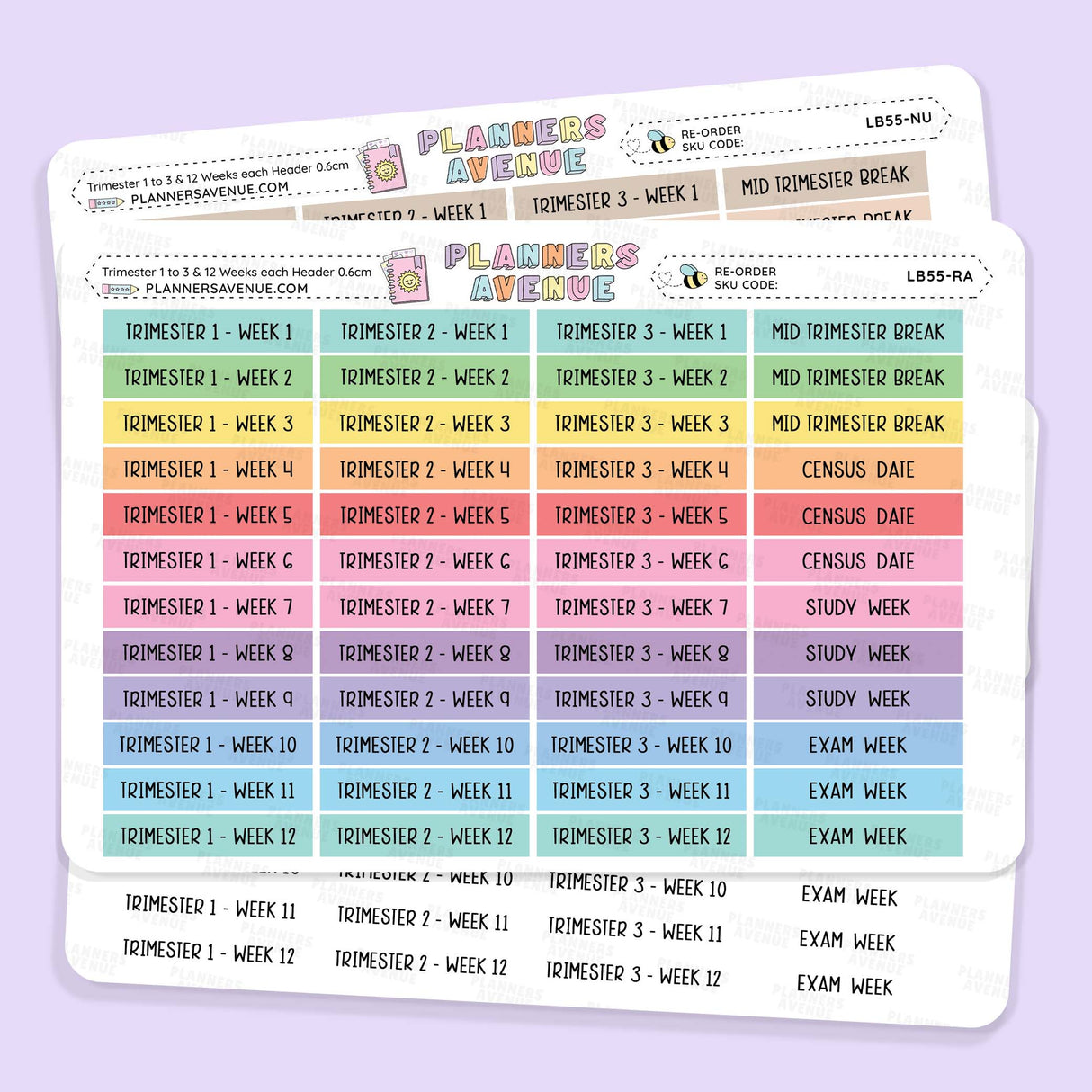 Trimester 1 to 3 with 12 Weeks Header Stickers featuring a exam, study, trimester weeks and breaks. 