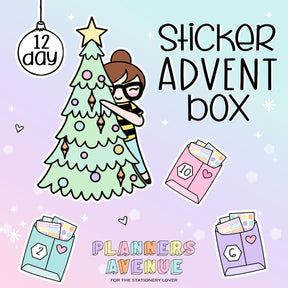 Planner Sticker Advent Box - Illustration of a sticker advent box with a planner girl character decorating a Christmas tree, on an ombre purple background.