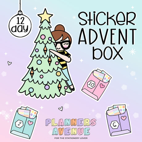 Planner Sticker Advent Box - Illustration of a sticker advent box with a planner girl character decorating a Christmas tree, on an ombre purple background.