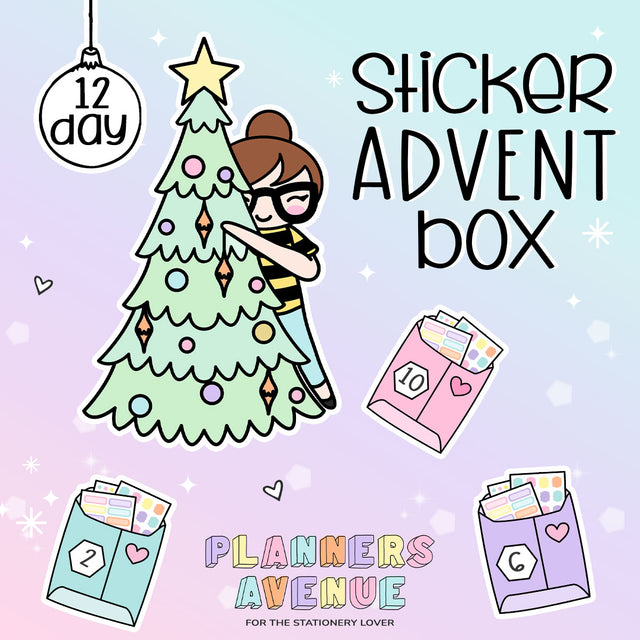 Planner Sticker Advent Box - Illustration of a sticker advent box with a planner girl character decorating a Christmas tree, on an ombre purple background.