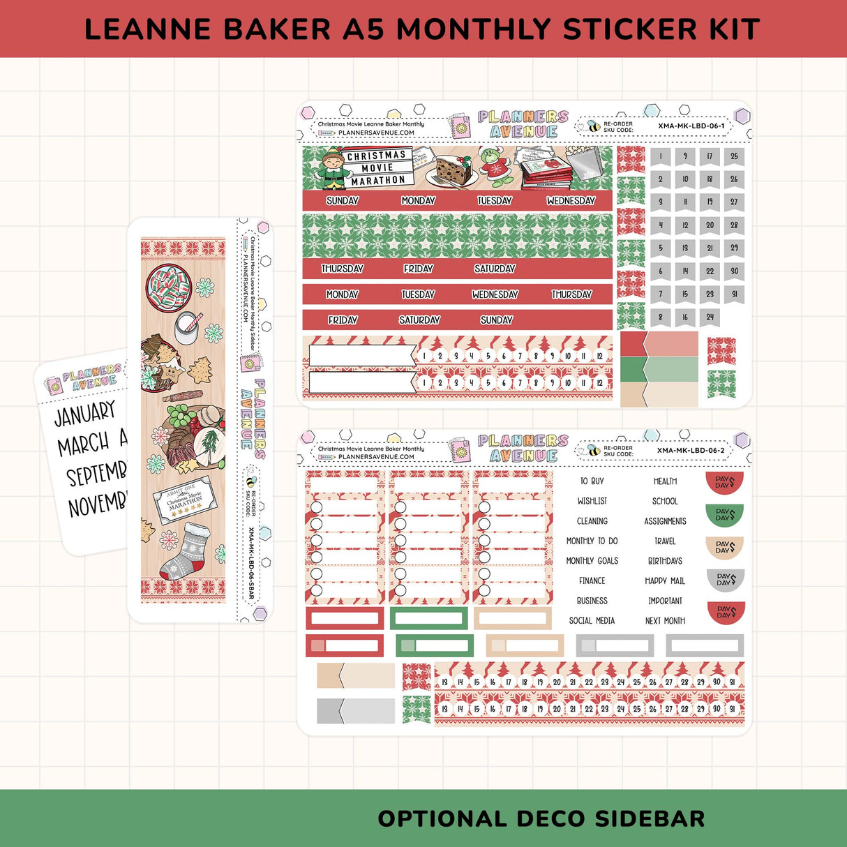 Leanne Baker A5 Monthly Sticker Kit with various planner stickers on a white background.