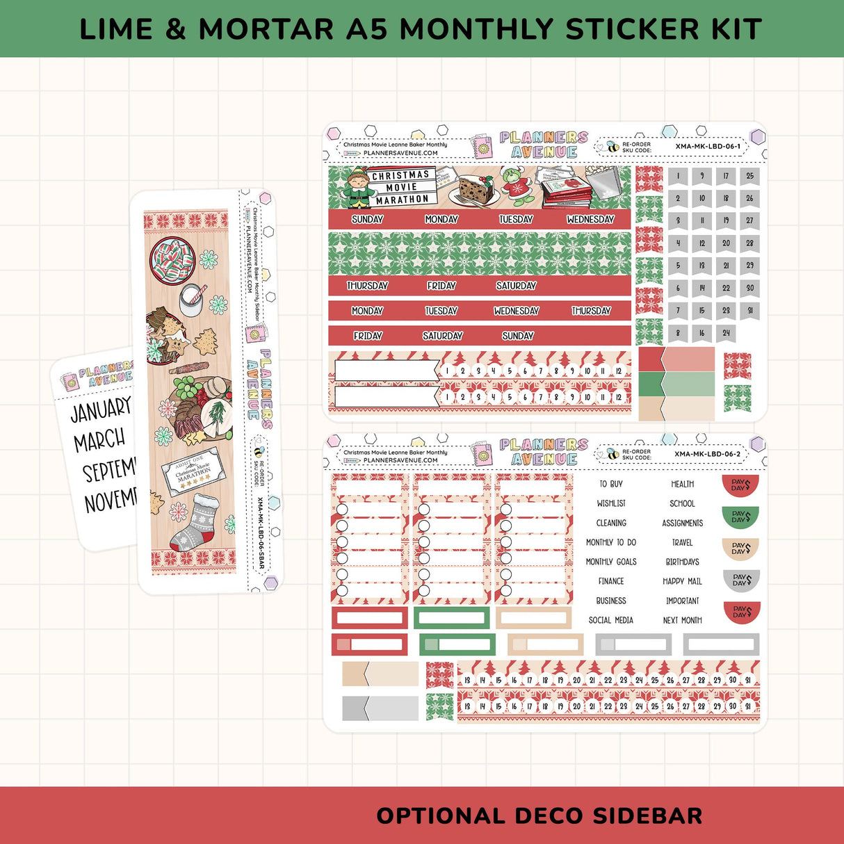 Lime & Mortar planner monthly sticker kit with various Christmas planner stickers on a grid background.