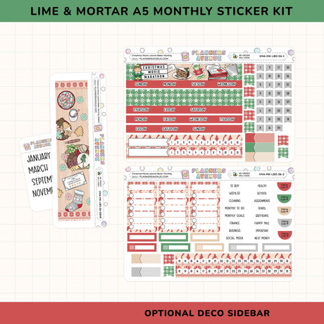 Lime & Mortar planner monthly sticker kit with various Christmas planner stickers on a grid background.