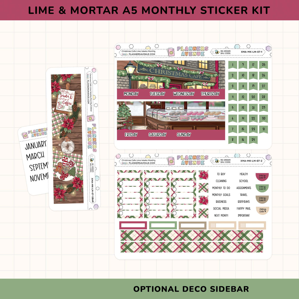 Lime & Mortar A5 monthly sticker kit with Christmas-themed designs on a white background.