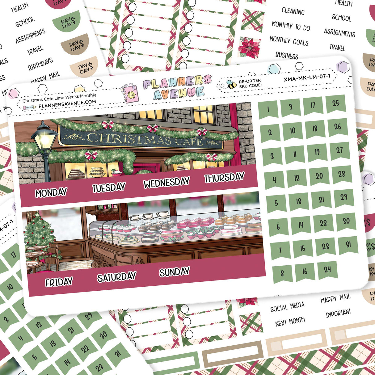 Christmas Cafe Lime Monthly Sticker Kit Collection of planner stickers with a Christmas theme, including a cafe scene and dates.