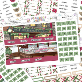 Christmas Cafe Lime Monthly Sticker Kit Collection of planner stickers with a Christmas theme, including a cafe scene and dates.