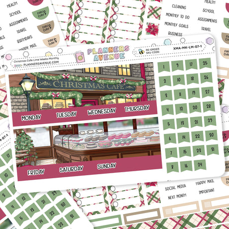 Christmas Cafe Lime Monthly Sticker Kit Collection of planner stickers with a Christmas theme, including a cafe scene and dates.