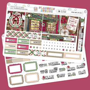 Christmas Cafe Lime Weekly Planner Sticker Kit collection from Planners Avenue Christmas-themed planner stickers on a pink background