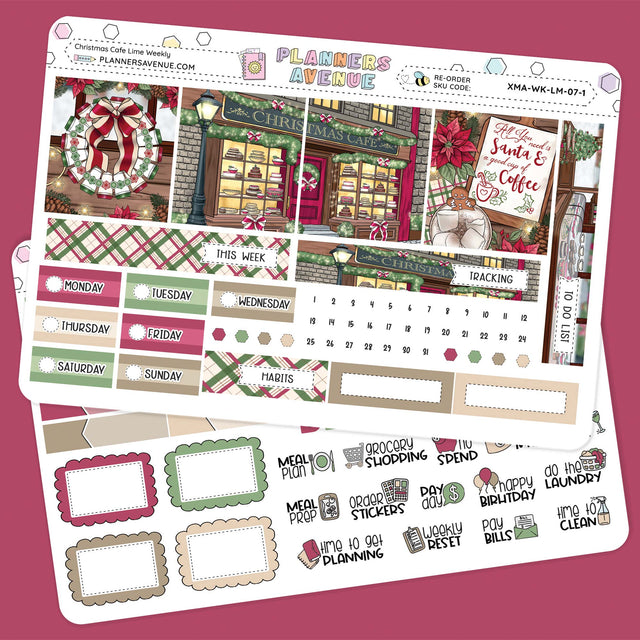 Christmas Cafe Lime Weekly Planner Sticker Kit collection from Planners Avenue Christmas-themed planner stickers on a pink background
