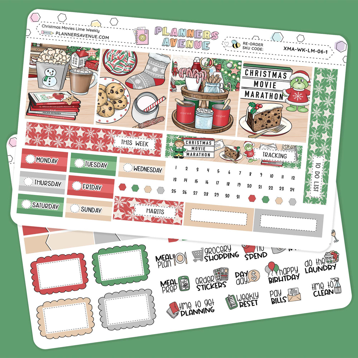 Christmas Movies Lime Weekly Planner Sticker Kit with Christmas-themed planner stickers on a green background