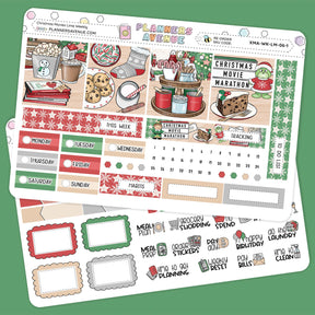 Christmas Movies Lime Weekly Planner Sticker Kit with Christmas-themed planner stickers on a green background