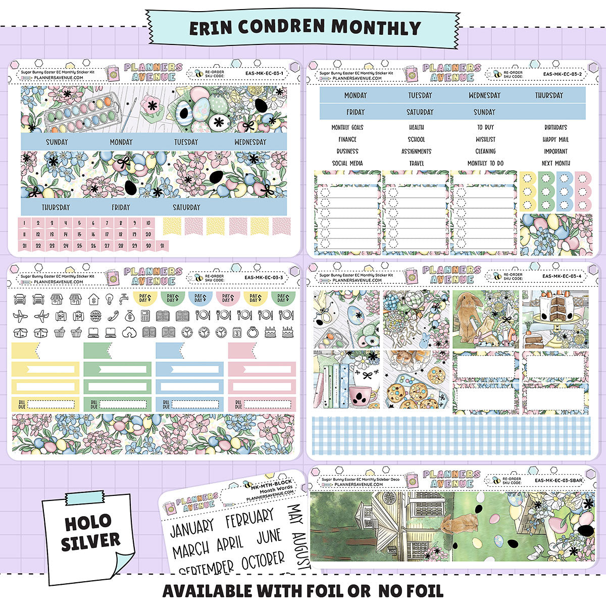 Sugar Bunny Erin Condren Monthly Sticker Foiled Kit (HOLO SILVER FOIL)