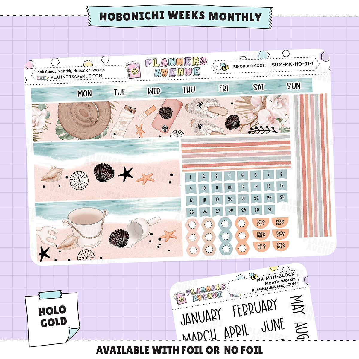 Pink Sands Hobonichi Monthly Sticker Foiled Kit (HOLO GOLD FOIL)