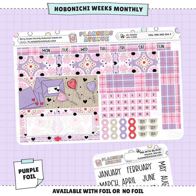 Berry Sweet Hobonichi Monthly Sticker Foiled Kit (PURPLE FOIL)