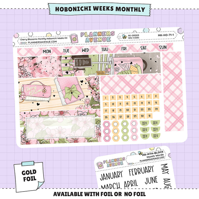 Cherry Blossoms Hobonichi Monthly Sticker Foiled Kit (GOLD FOIL)