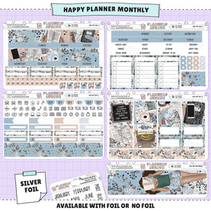 Bookish Happy Planner Monthly Sticker Foiled Kit with silver foil