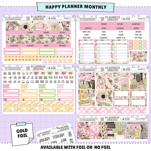 Cherry Blossoms Happy Planner Monthly Sticker Foiled Kit (GOLD FOIL)