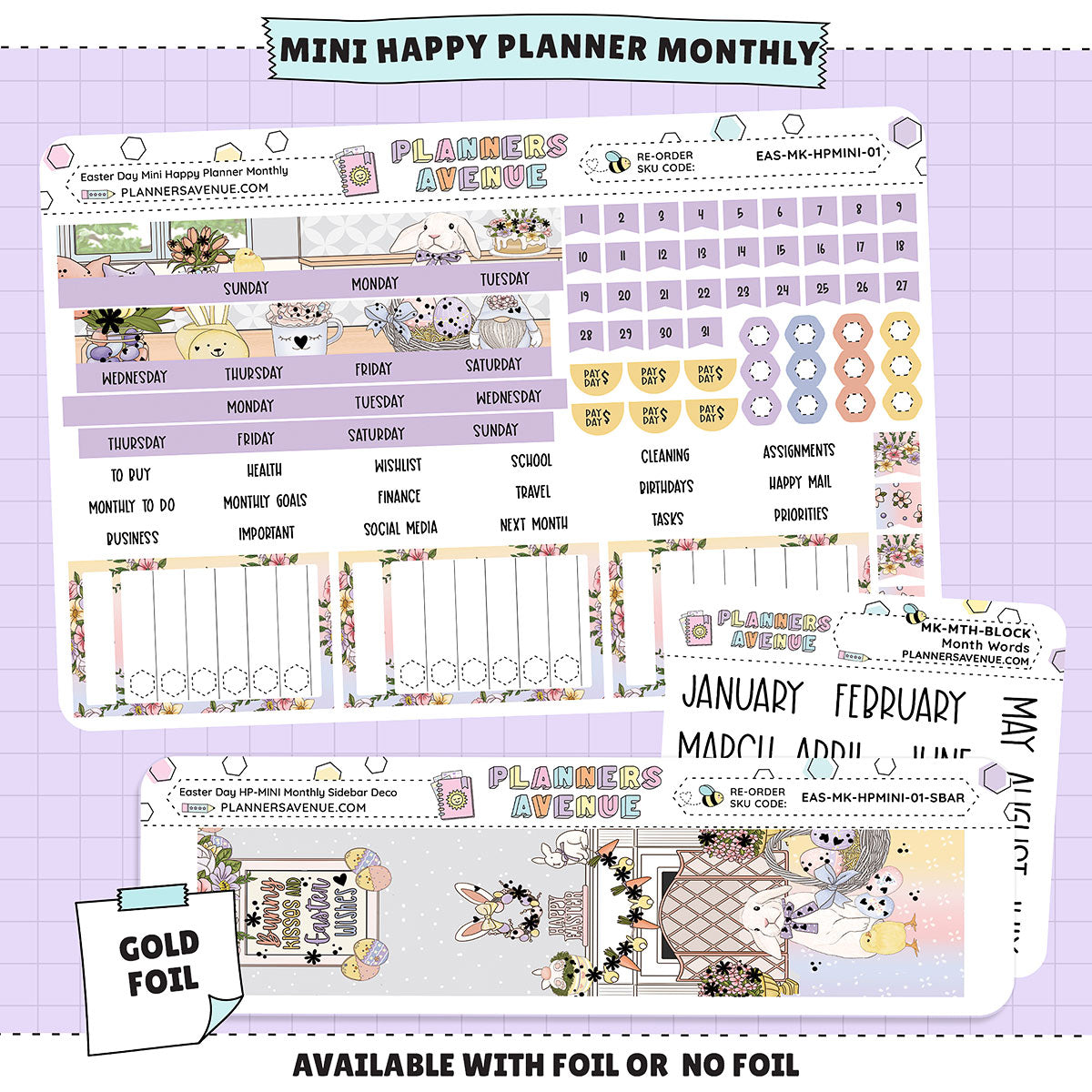 Easter Day Happy Planner MINI Monthly Sticker Foiled Kit (GOLD FOIL)