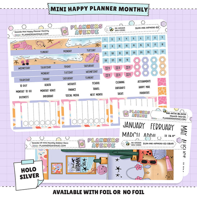 Seaside Happy Planner MINI Monthly Sticker Foiled Kit (HOLO SILVER FOIL)