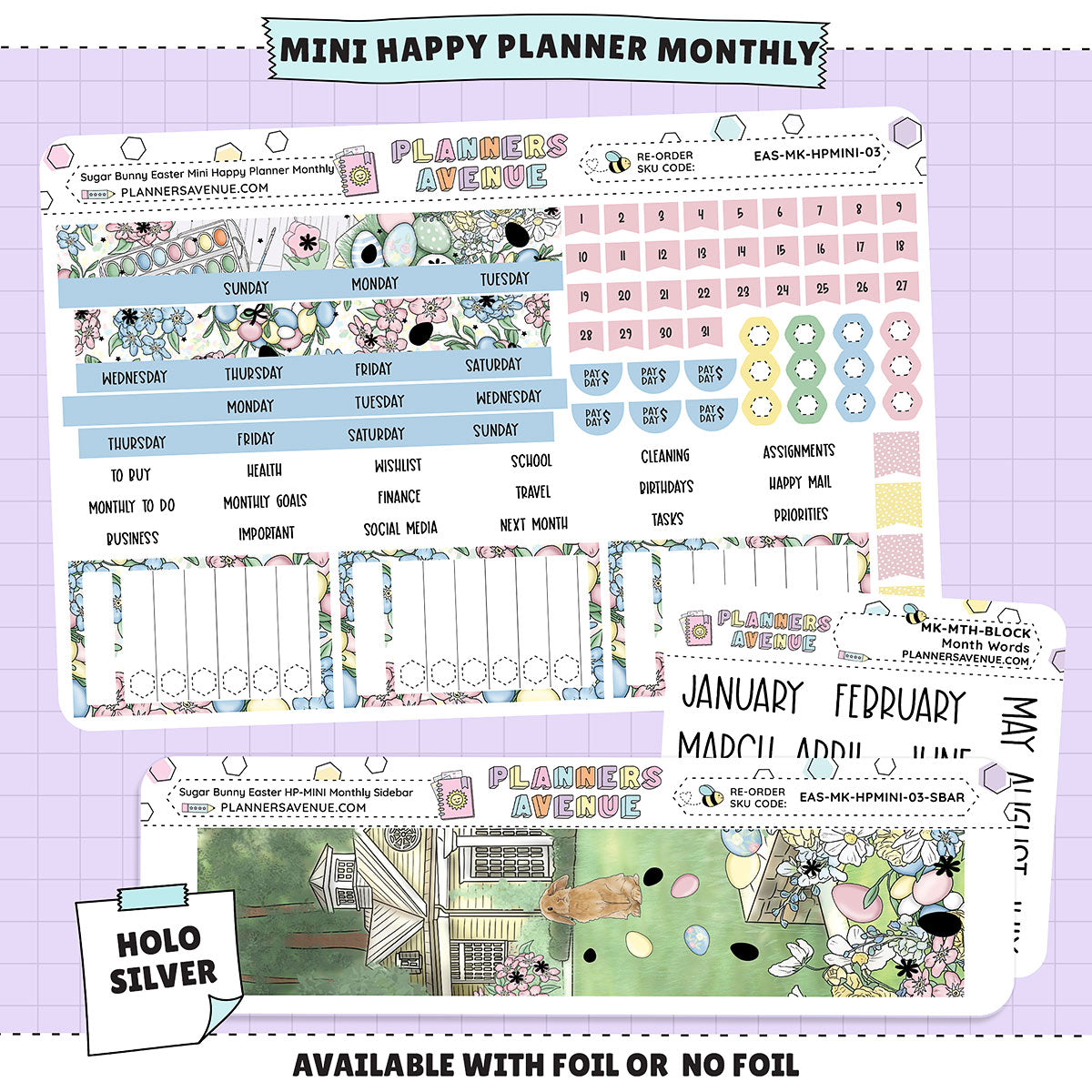 Sugar Bunny Happy Planner MINI Monthly Sticker Foiled Kit (HOLO SILVER FOIL)
