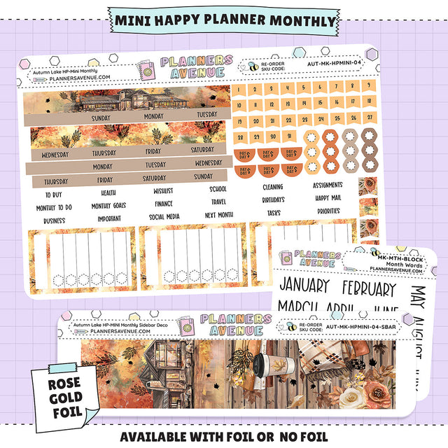 Autumn Lake Happy Planner MINI Monthly Sticker Foiled Kit (ROSE GOLD FOIL)