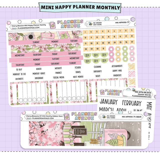 Cherry Blossoms Happy Planner MINI Monthly Sticker Foiled Kit (GOLD FOIL)