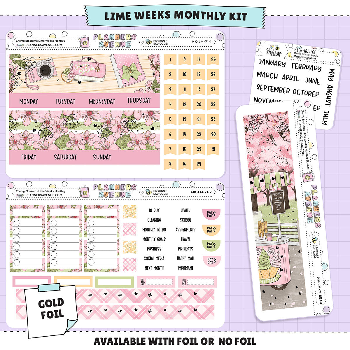 Cherry Blossoms Lime Monthly Sticker Foiled Kit (GOLD FOIL)
